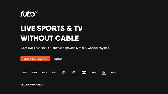 The sign-in screen of the FuboTV app on a Roku device