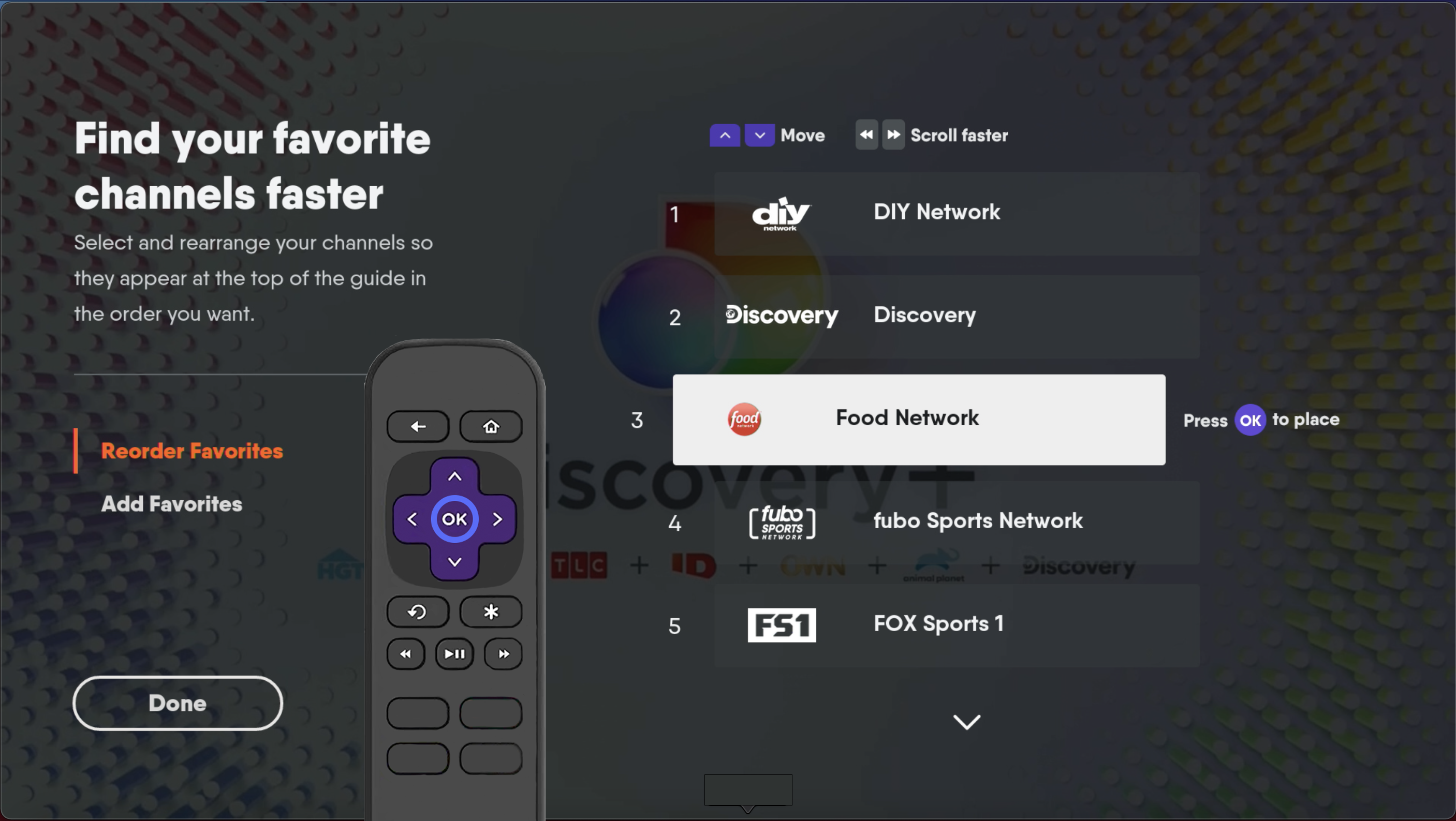 REORDER FAVORITES screen of the FuboTV app on Roku with a channel highlighted; press OK on remote to move