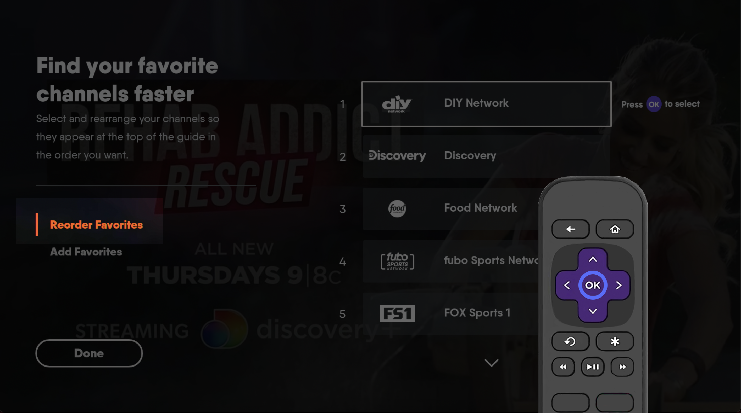 MANAGE CHANNELS screen of the FuboTV app on Roku with REORDER FAVORITES highlighted at right; remote overlay with OK button highlighted