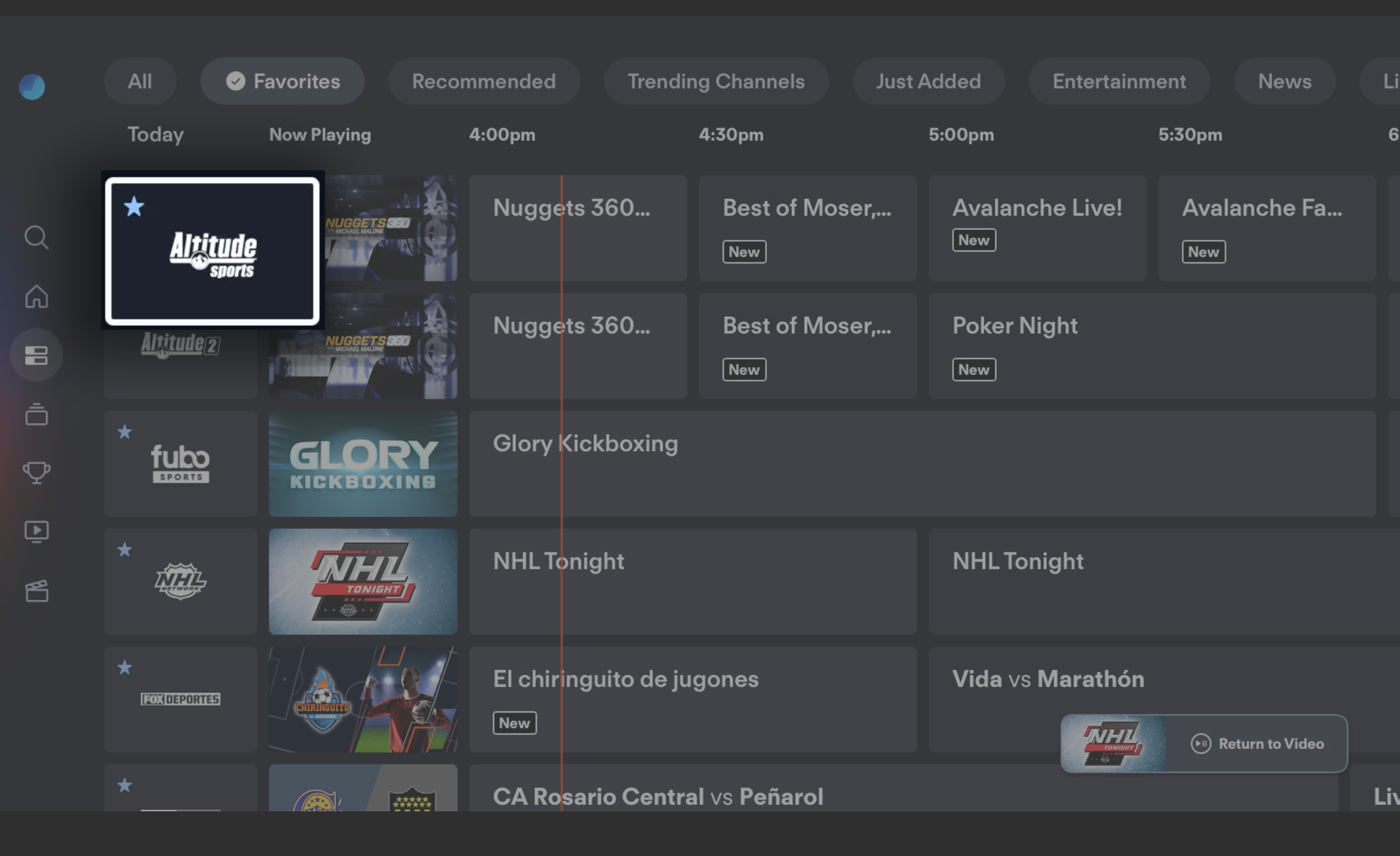 GUIDE screen of the FuboTV app on Apple TV with a channel highlighted; remote control overlay showing a long press on the touchpad