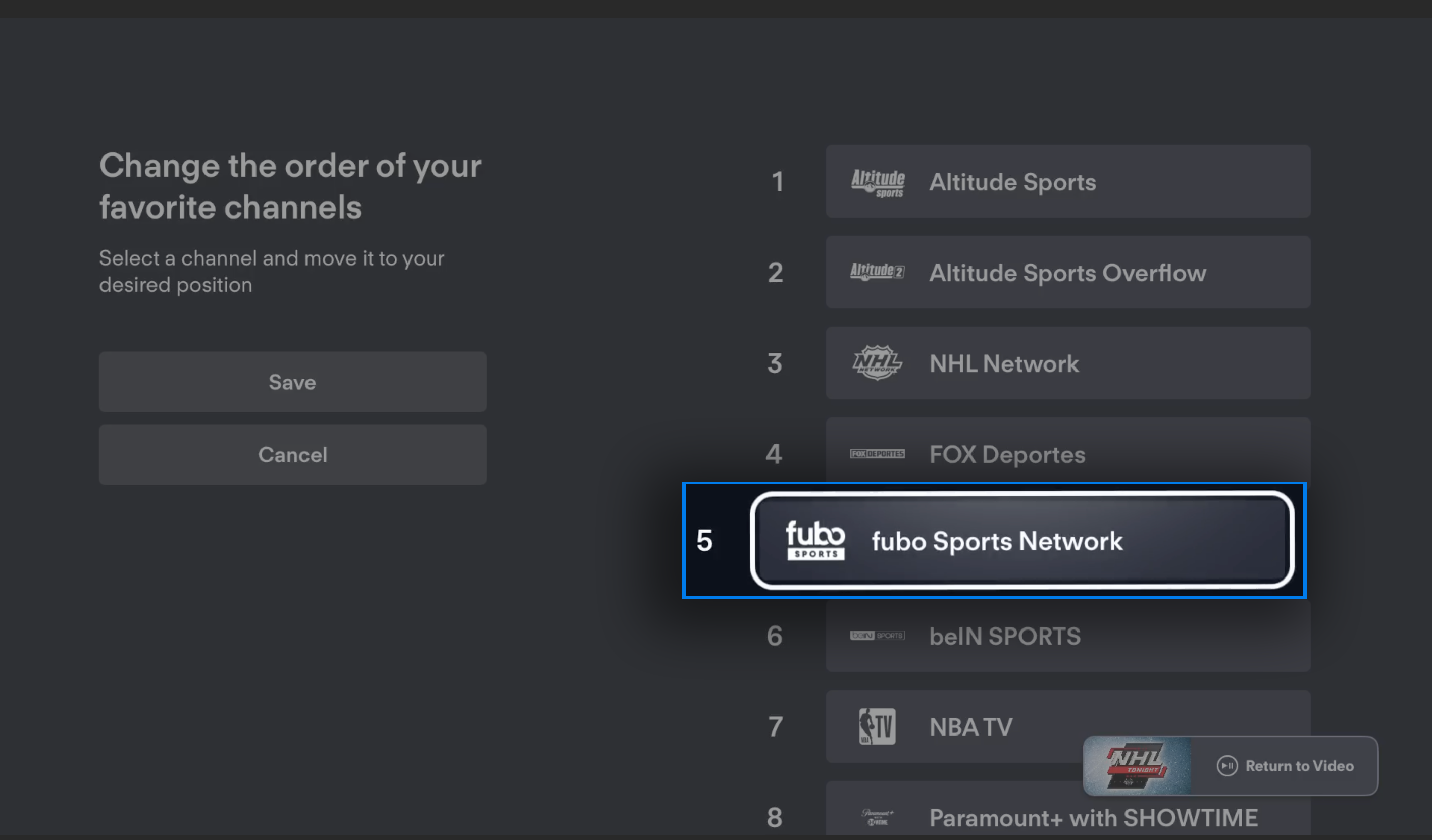 GUIDE screen of the FuboTV app on Apple TV with a relocated favorite channel; remote control overlay highlighting the MENU button, press MENU to save changes