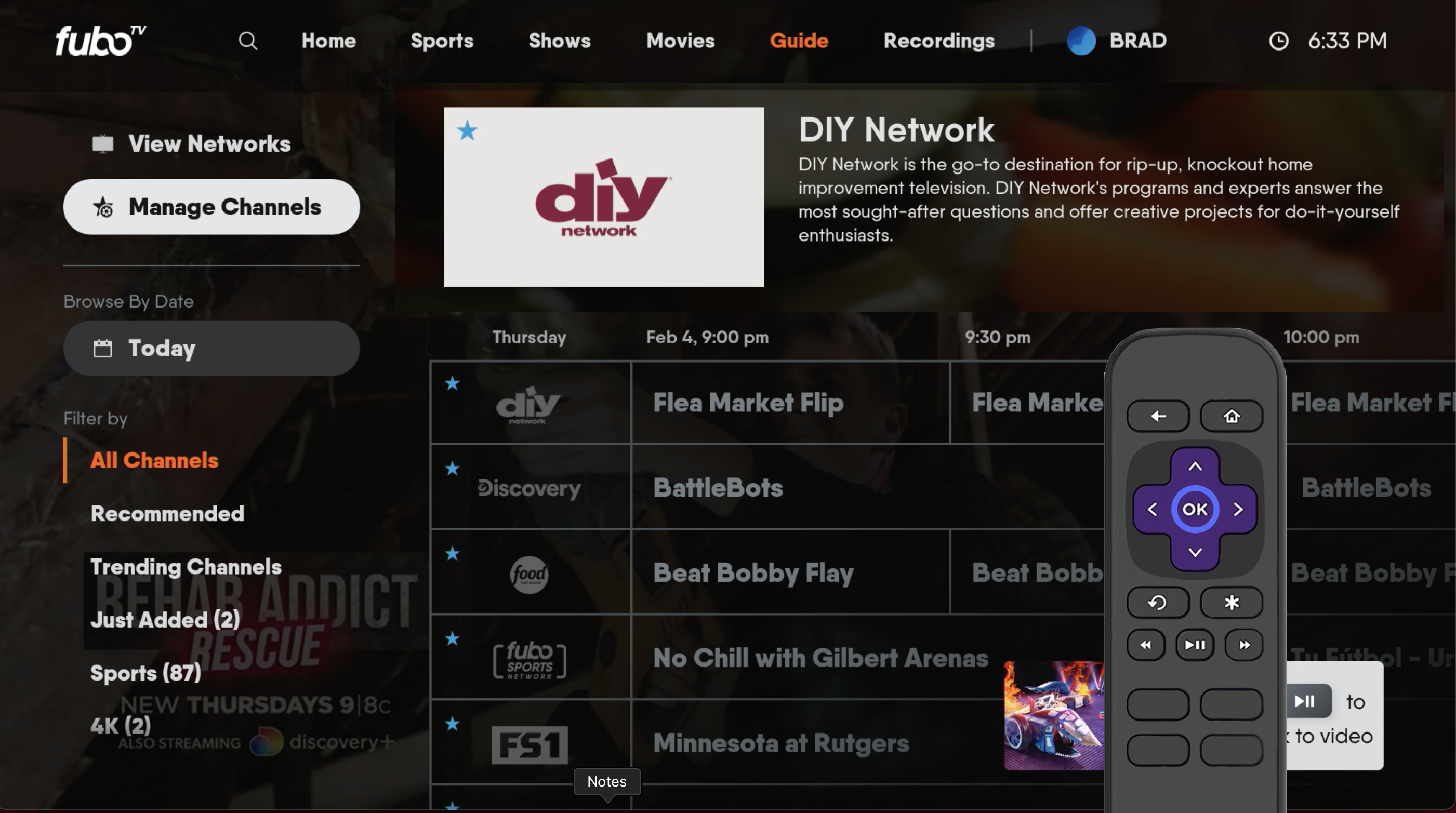 GUIDE screen of the FuboTV app on Roku with MANAGE CHANNELS highlighted along the right; remote overlay with OK button highlighted