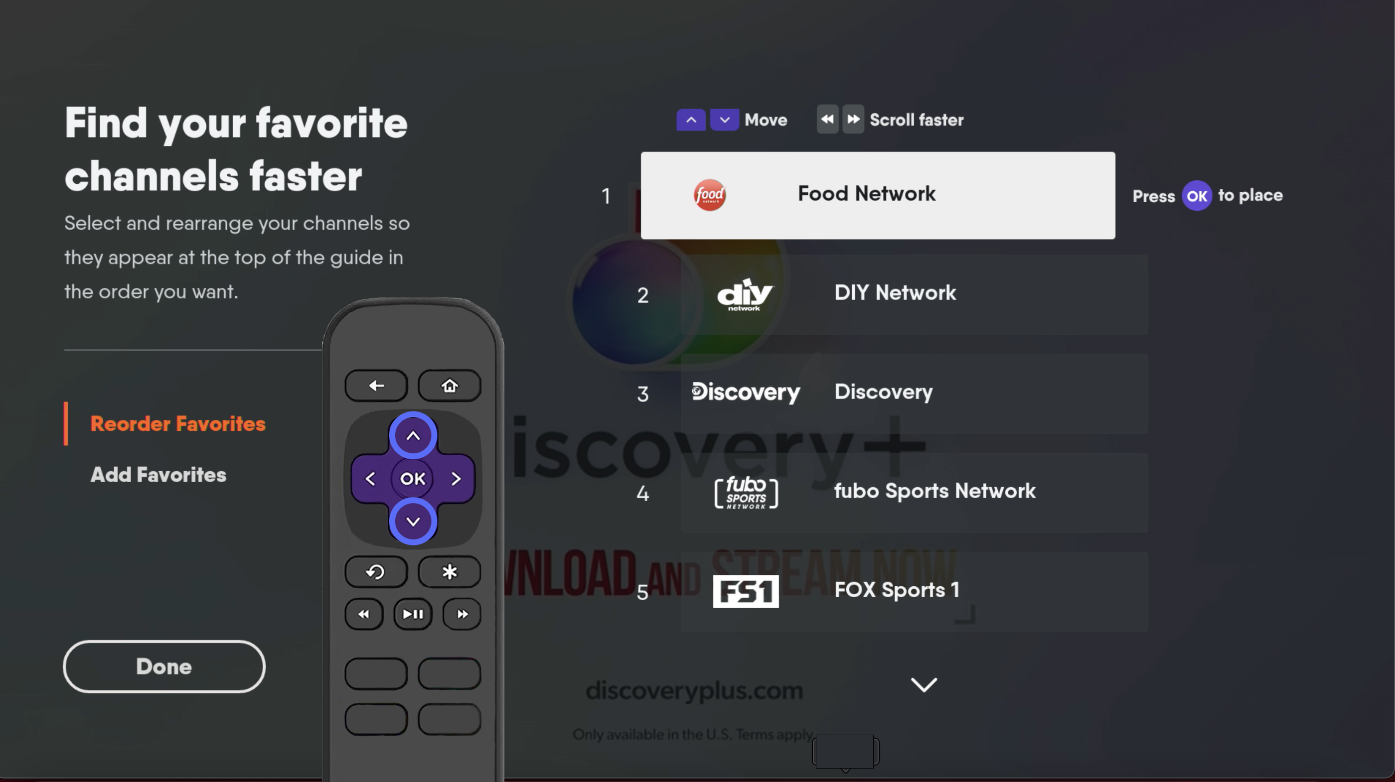 Reordering a favorite channel on the FuboTV app for Roku using the UP or DOWN arrows on the remote