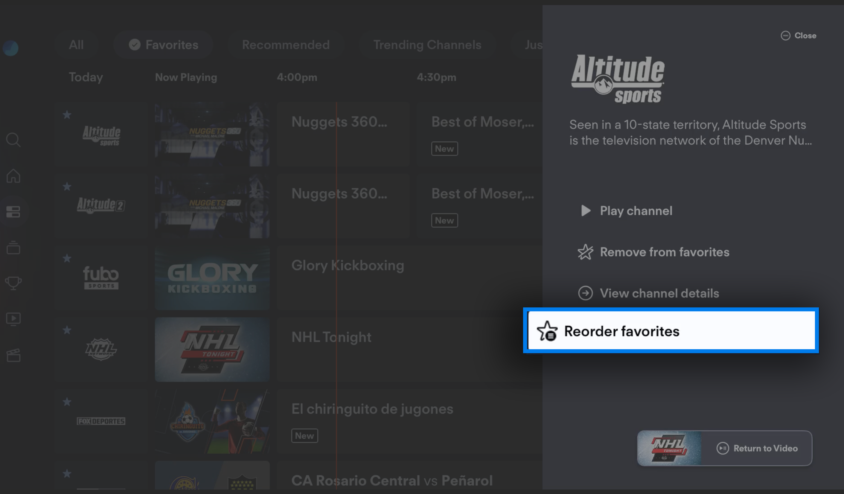 GUIDE screen of the FuboTV app on Apple TV with channel info shown and MOVE CHANNEL option highlighted; remote control overlay showing a press on the touchpad