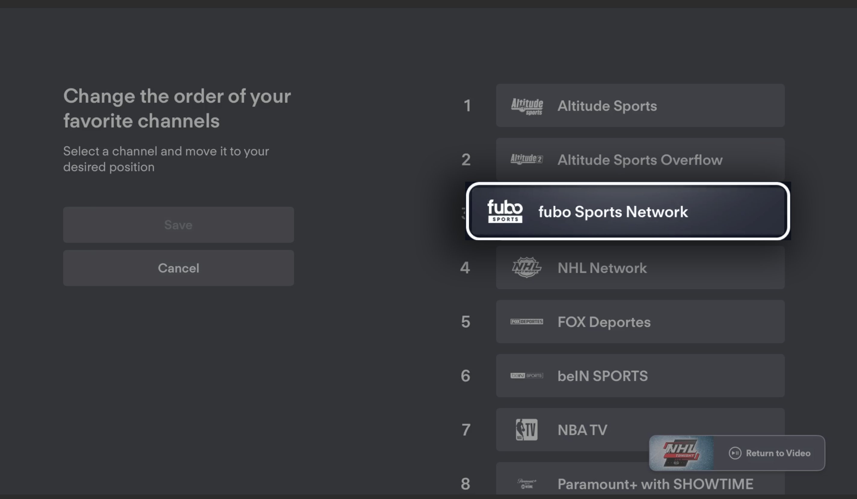 GUIDE screen of the FuboTV app on Apple TV with remote control overlay; swiping up or down on the touchpad to move a favorited channel