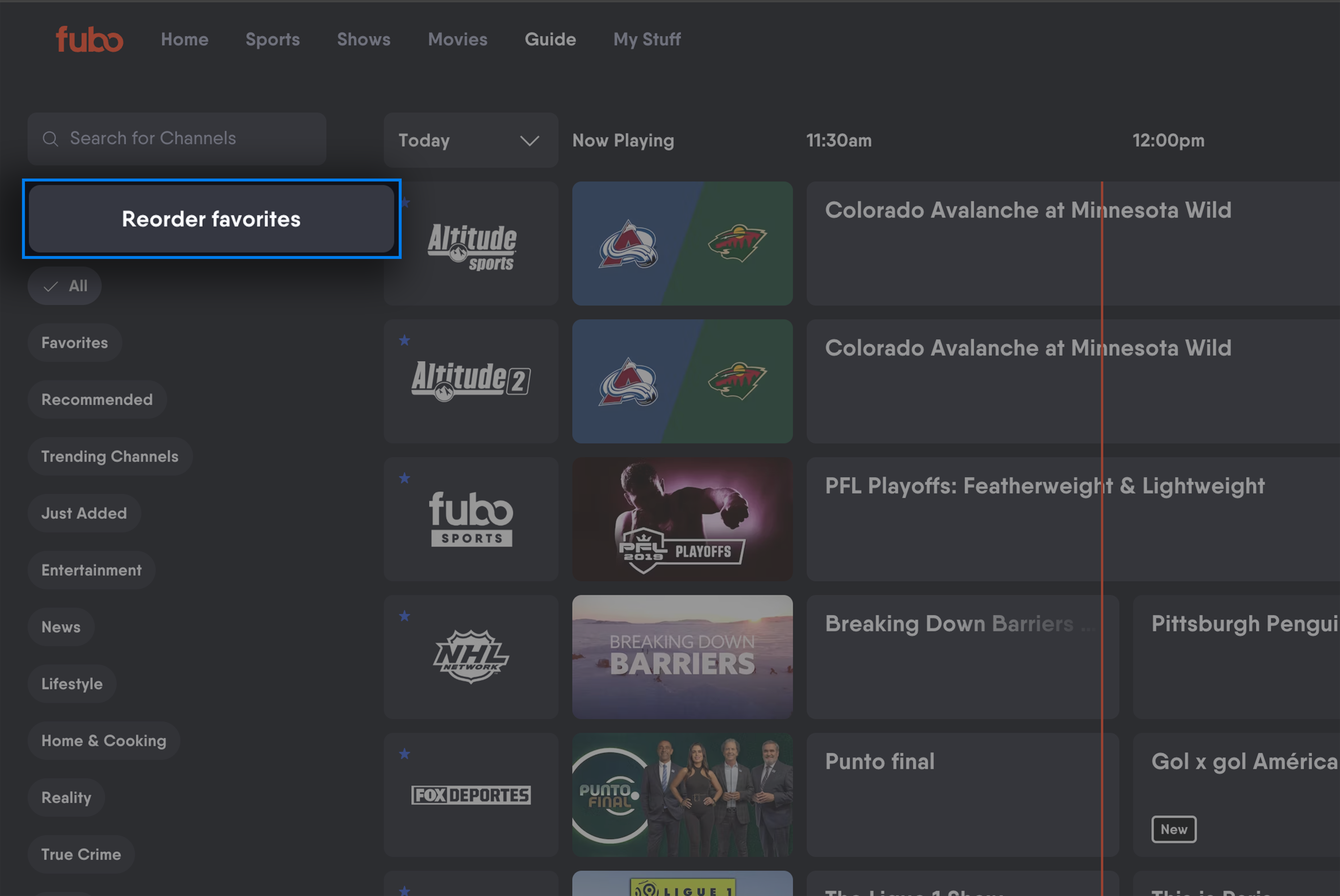 GUIDE screen of FuboTV on a browser with the REORDER FAVORITES icon highlighted above the channel guide