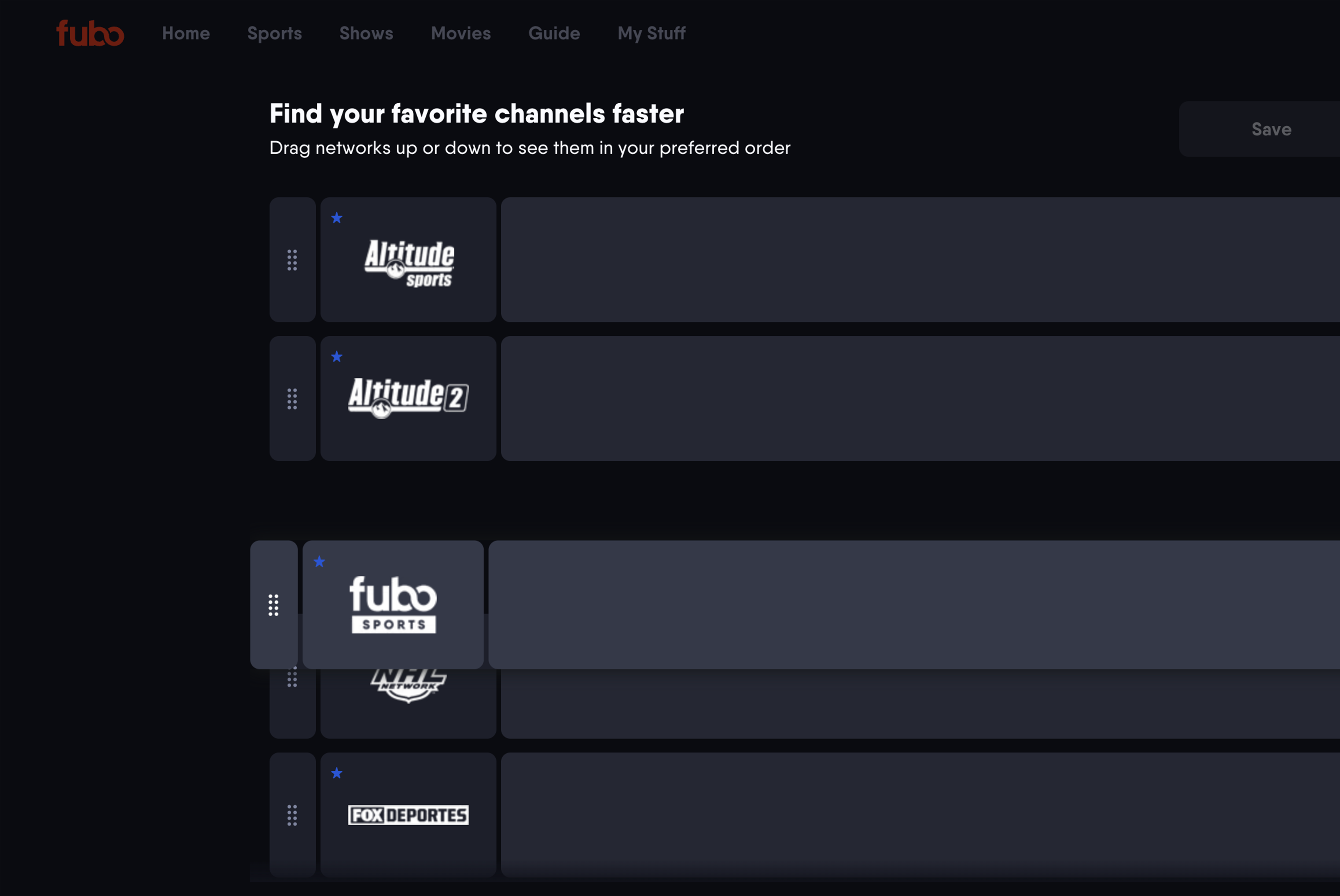 Clicking and dragging a favorited channel to reorder on FuboTV for a browser