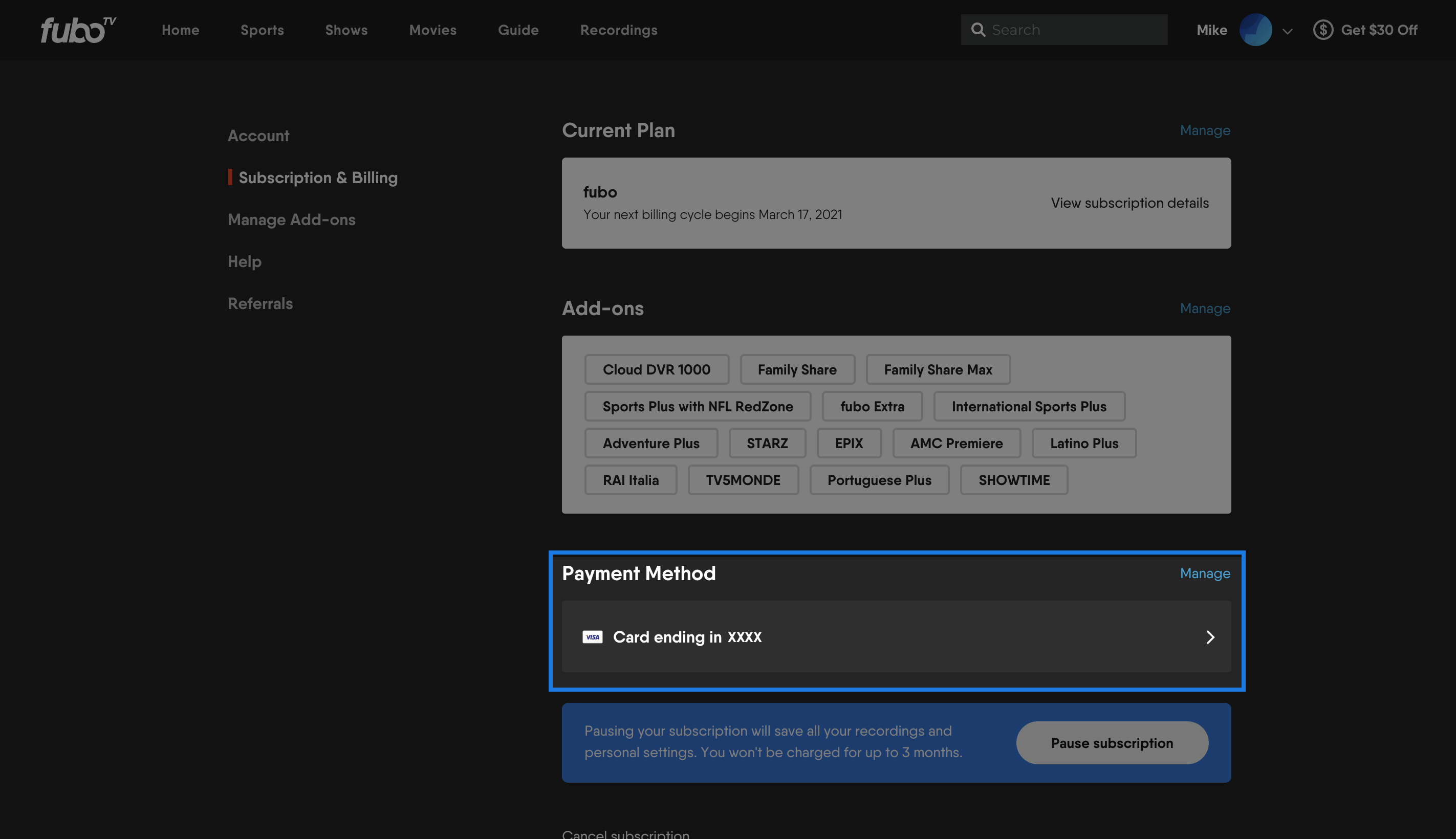FuboTV SUBSCRIPTION AND BILLING page with PAYMENT METHOD window highlighted; select MANAGE to update billing info