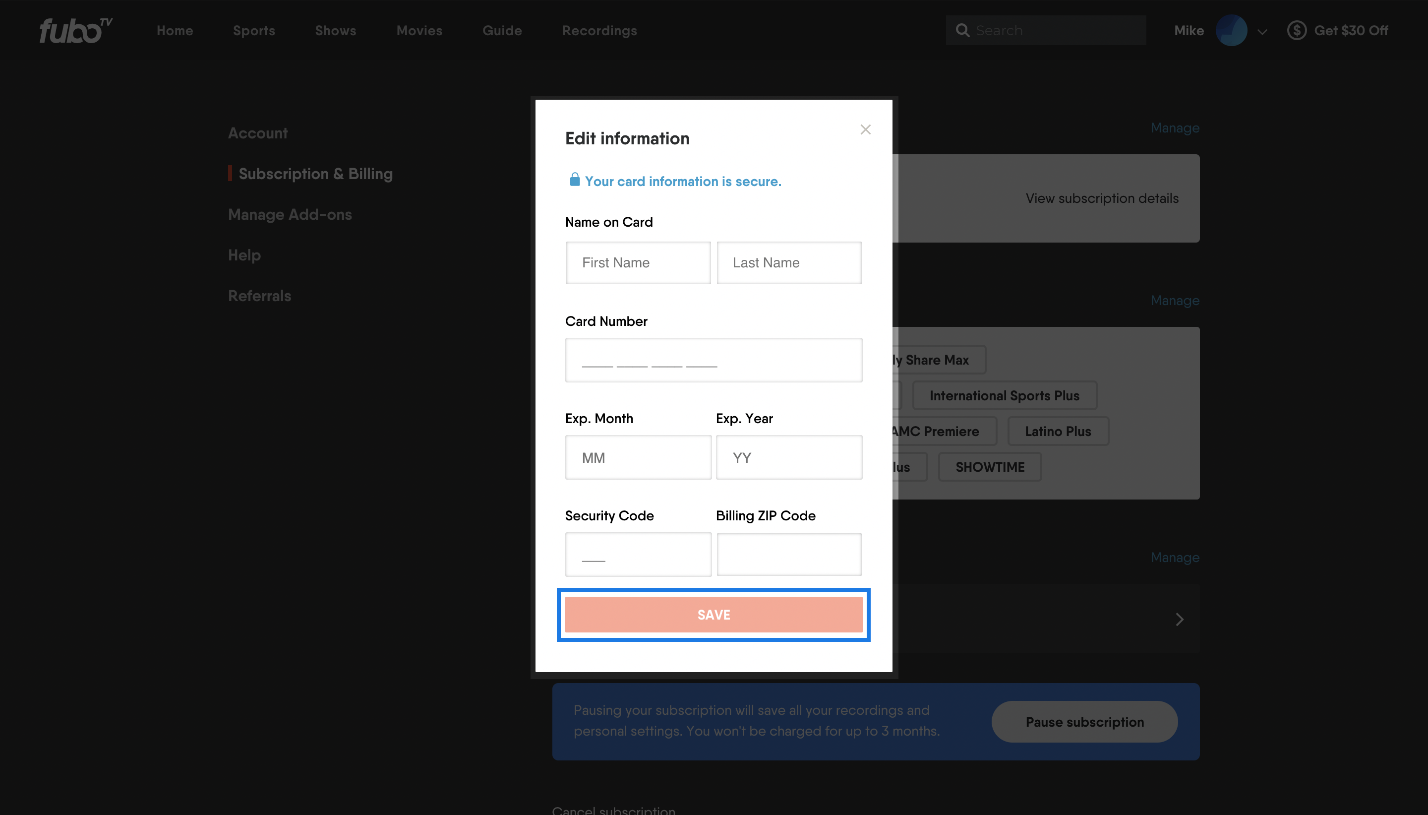 FuboTV new payment method entry form with SAVE button highlighted