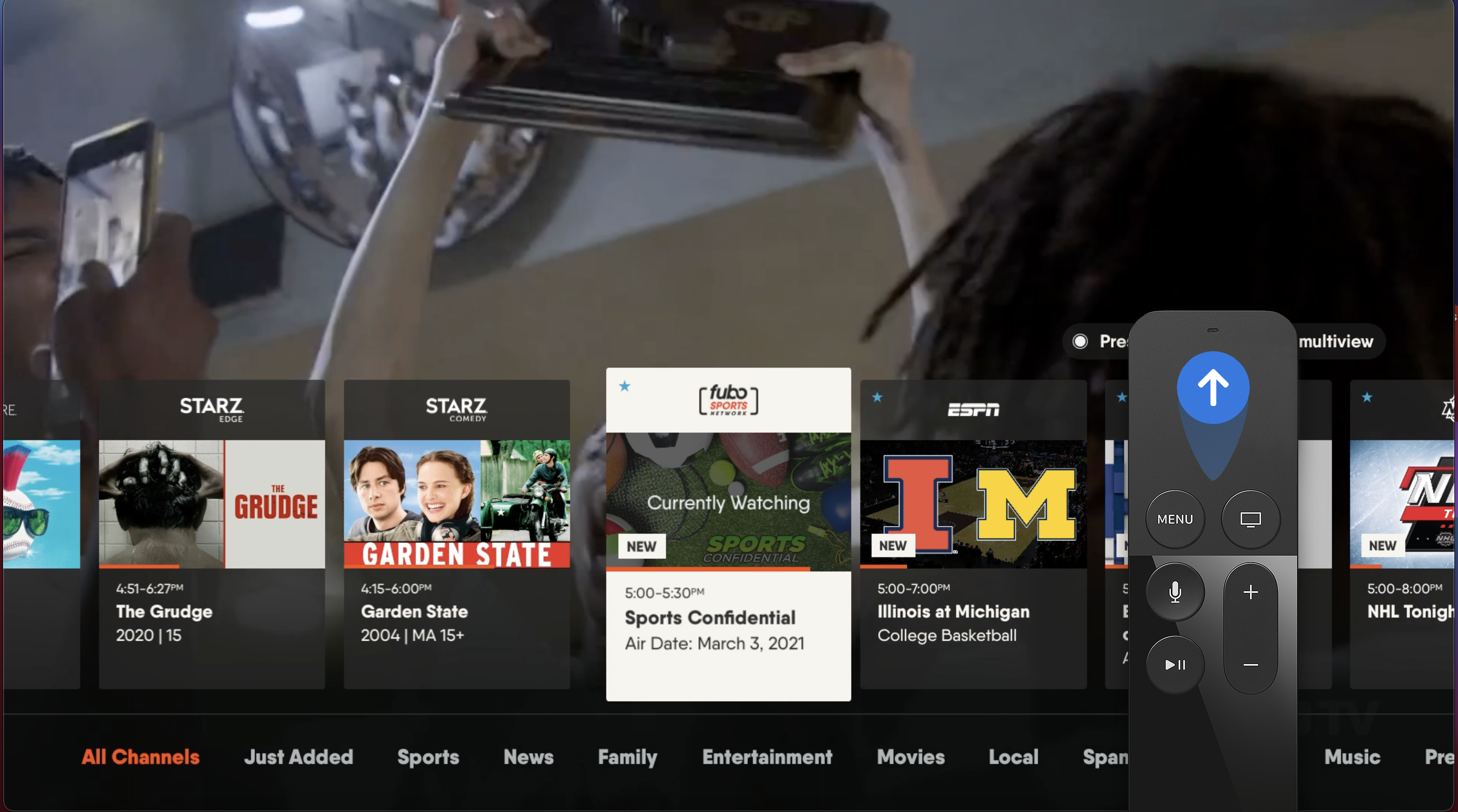 The browse while watching menu on the FuboTV app for Apple TV, accessible by swiping up on the touchpad