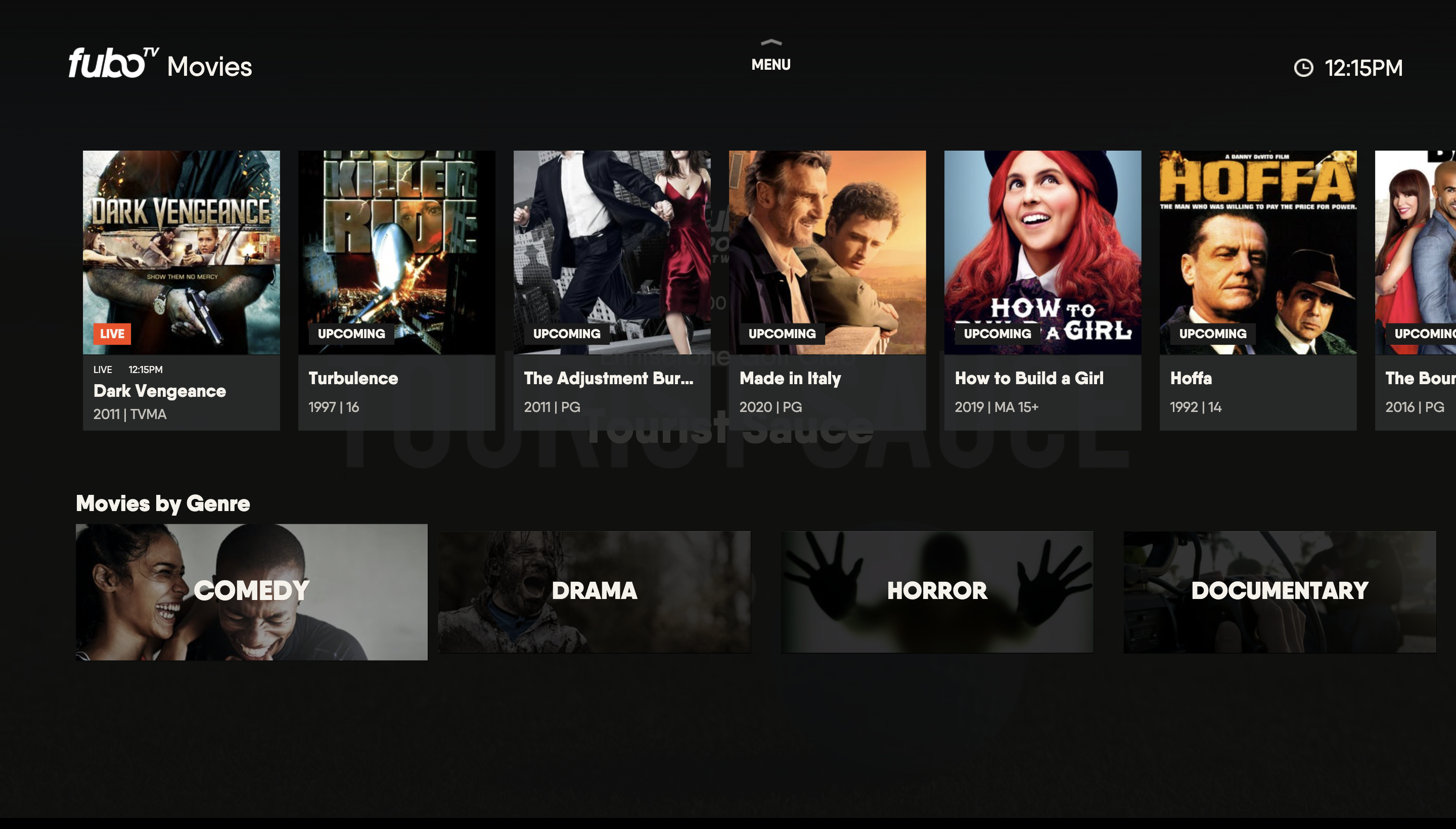 MOVIES screen of the FuboTV app on Xbox with genre filters highlighted
