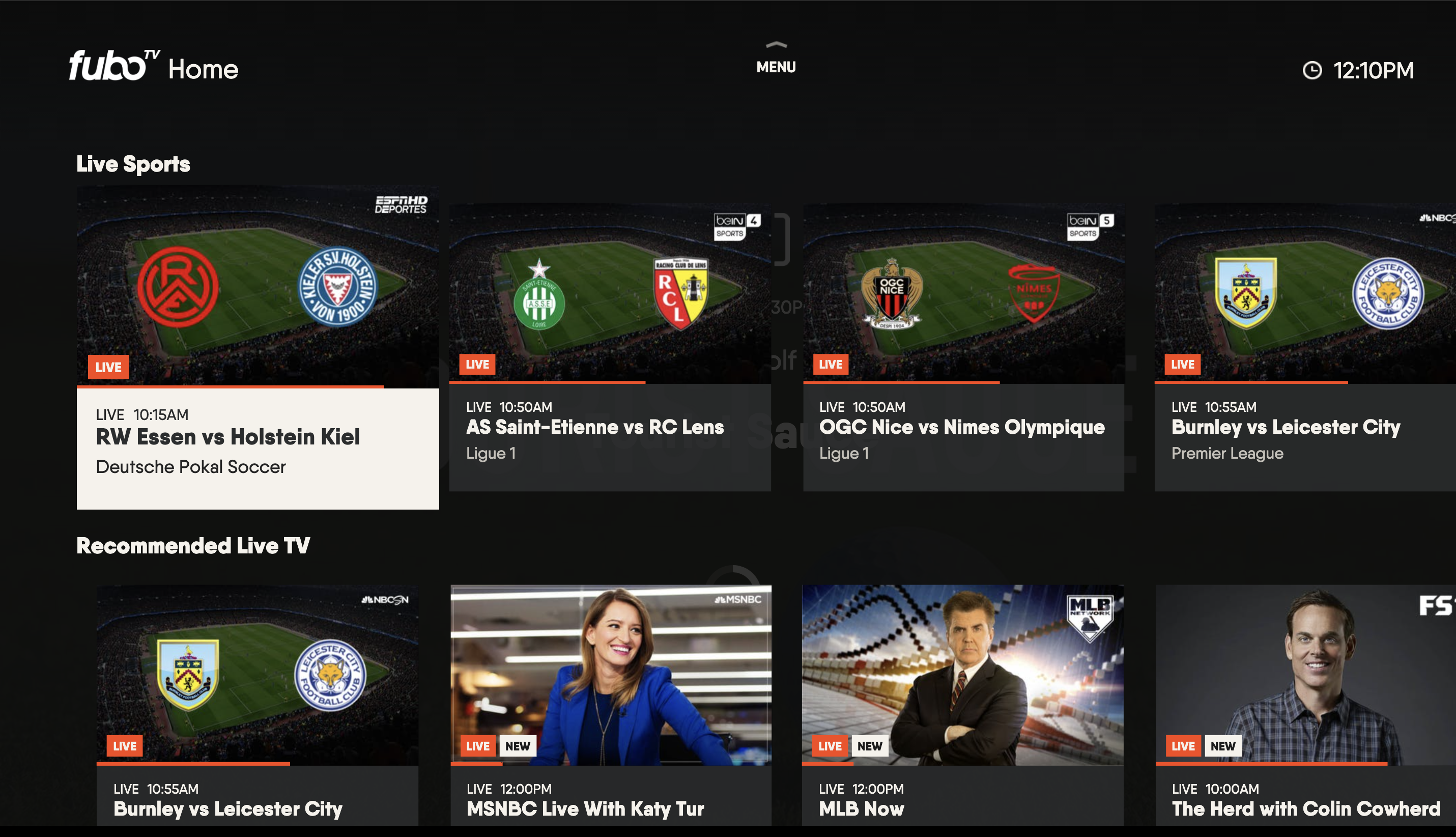 HOME screen of the FuboTV app on Xbox with LIVE SPORTS highlighted