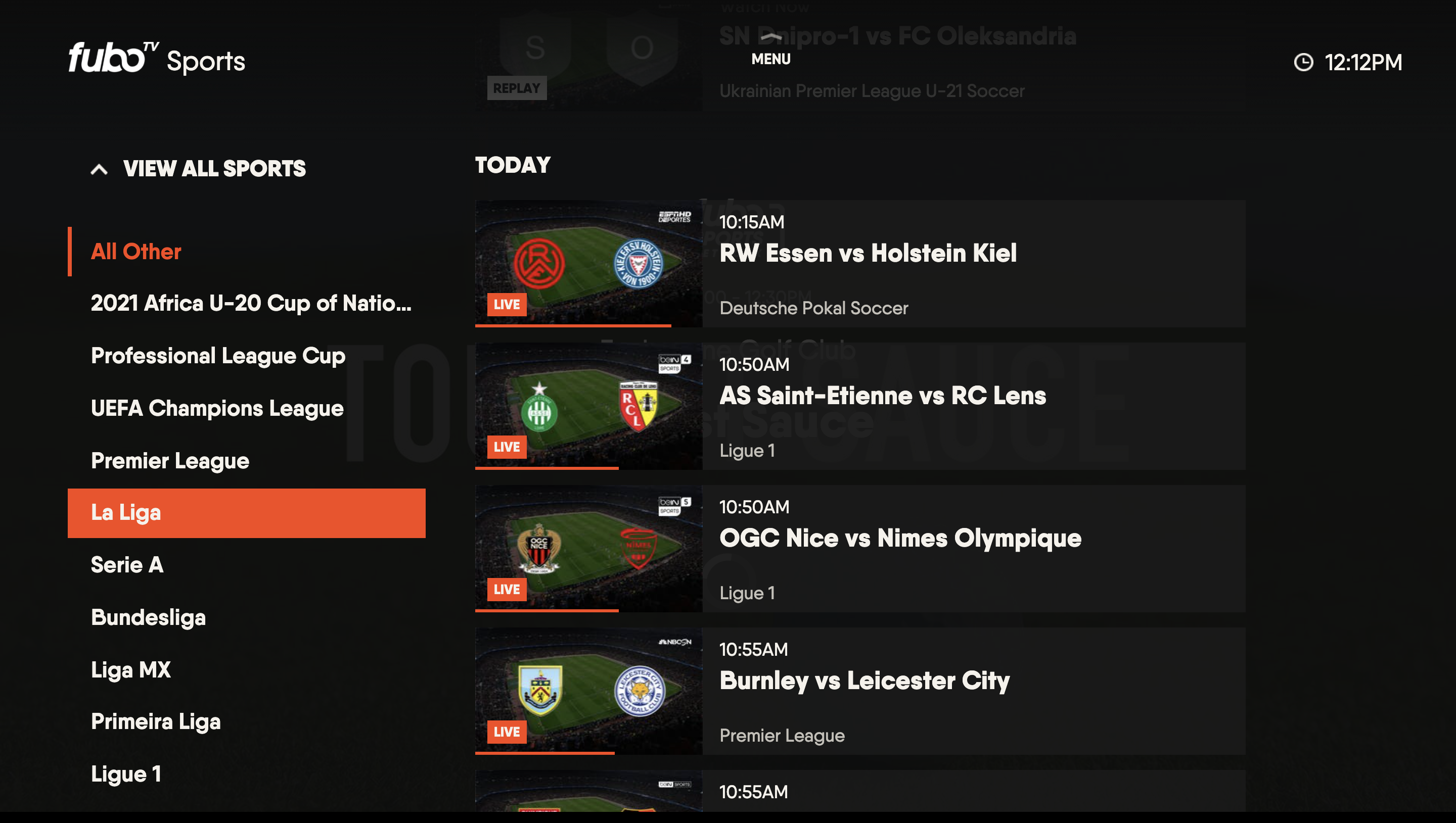 SPORTS screen of the FuboTV app on Xbox with sport and league filters highlighted