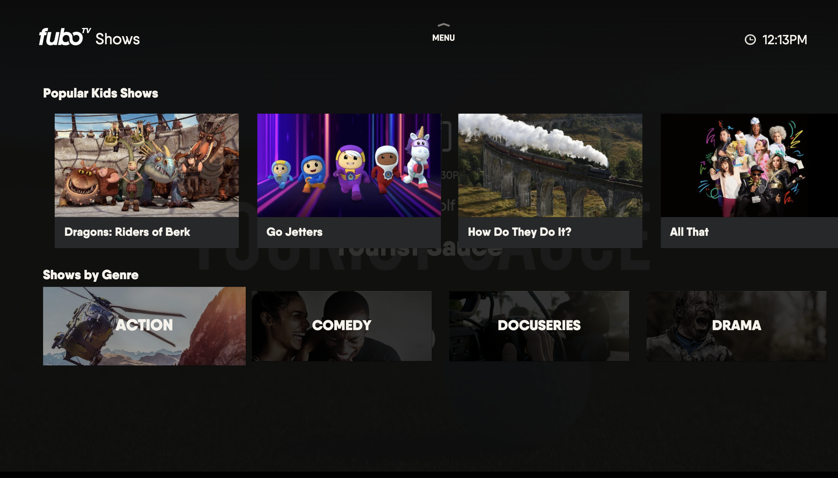 SHOWS screen of the FuboTV app on Xbox with genre filters highlighted