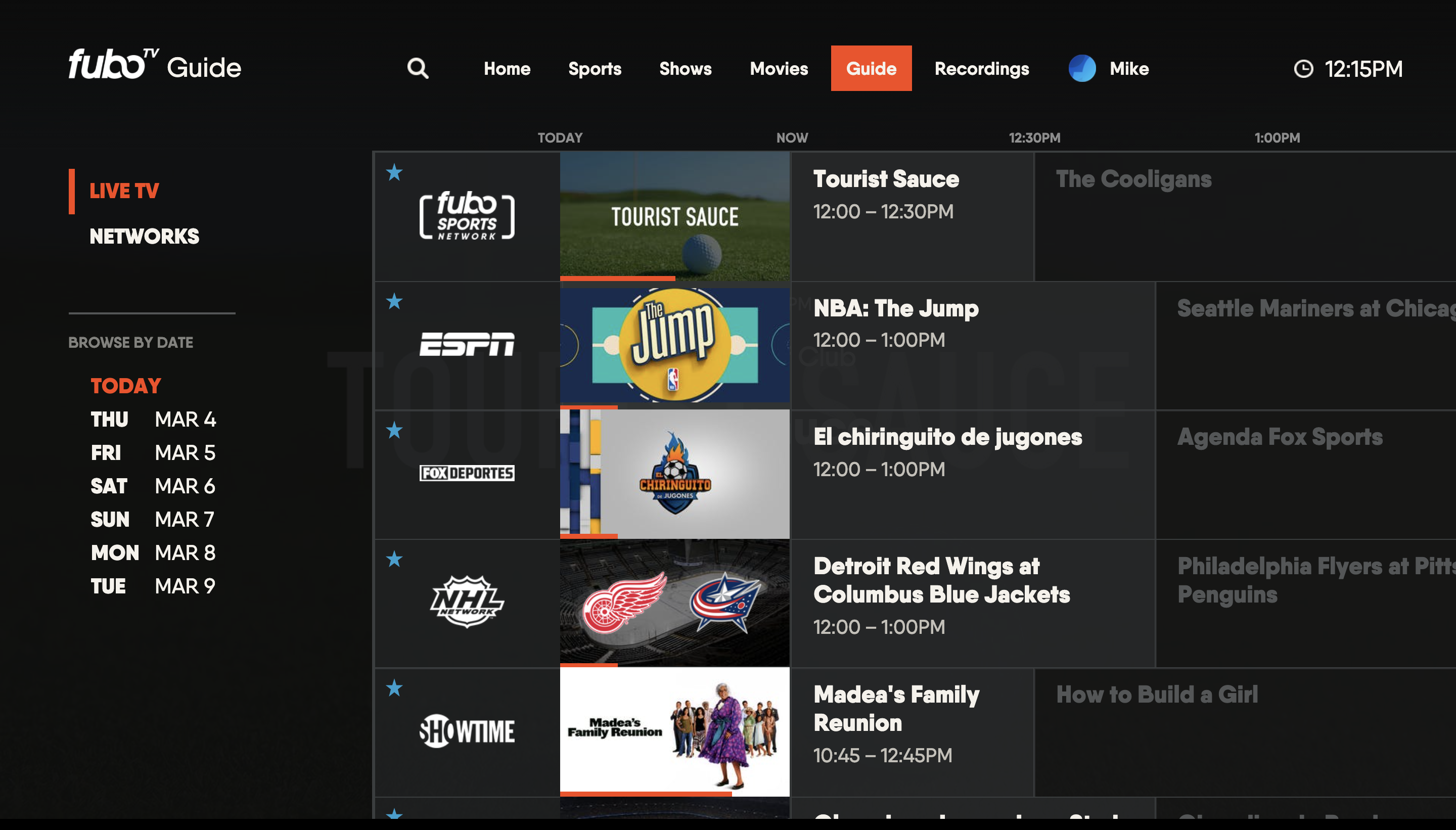 GUIDE screen of the FuboTV app on Xbox