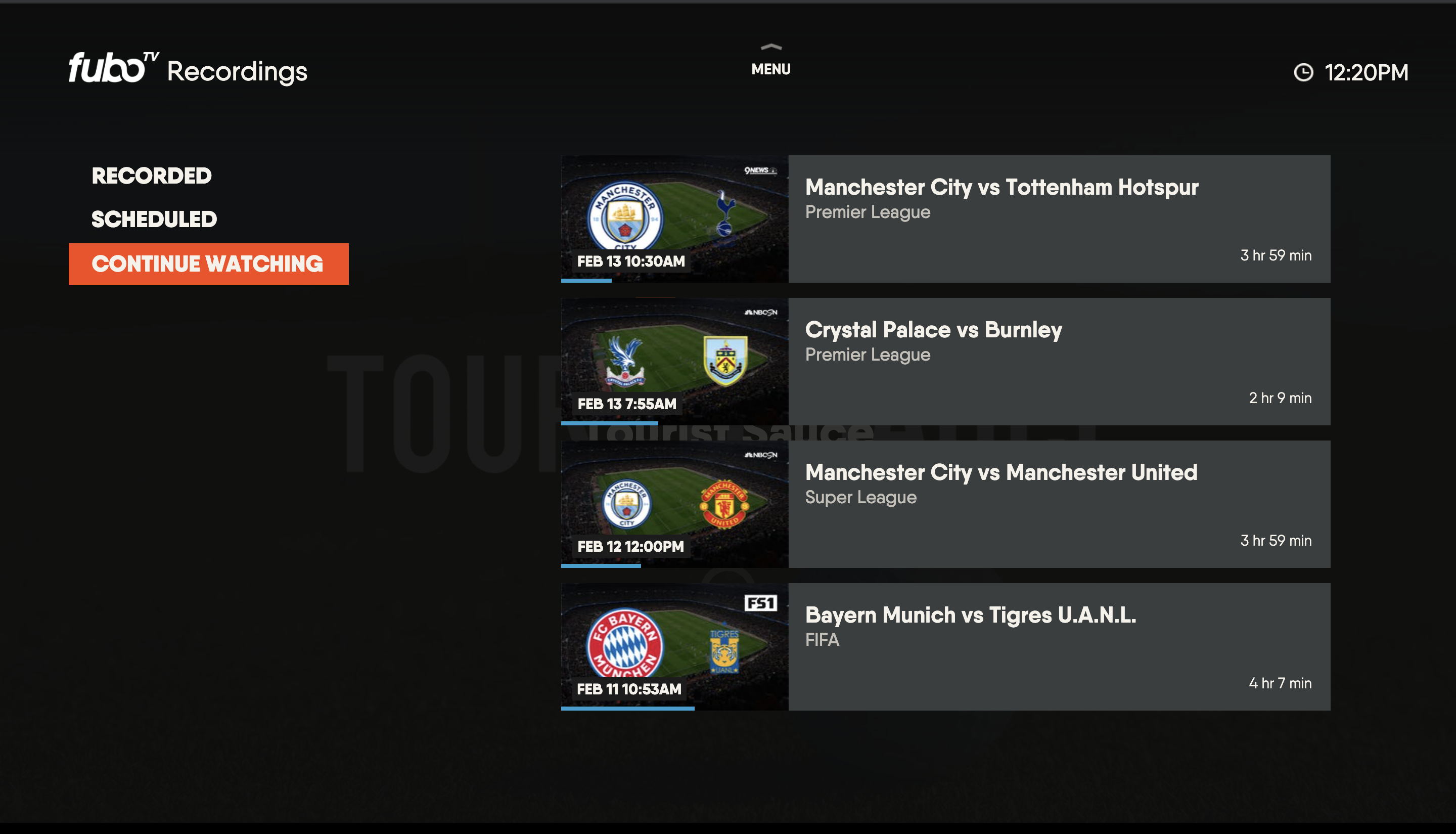 Previously viewed programming on the MY STUFF screen from the FuboTV app for Xbox