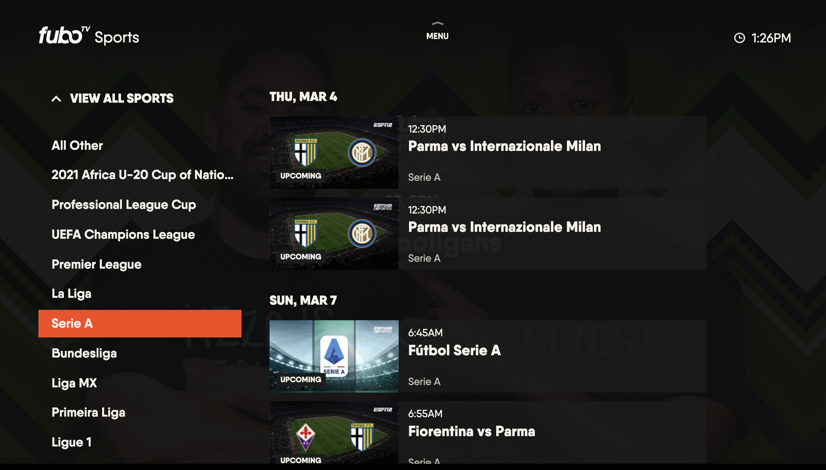 SPORTS screen of the FuboTV app on Samsung TV with individual sport filters highlighted