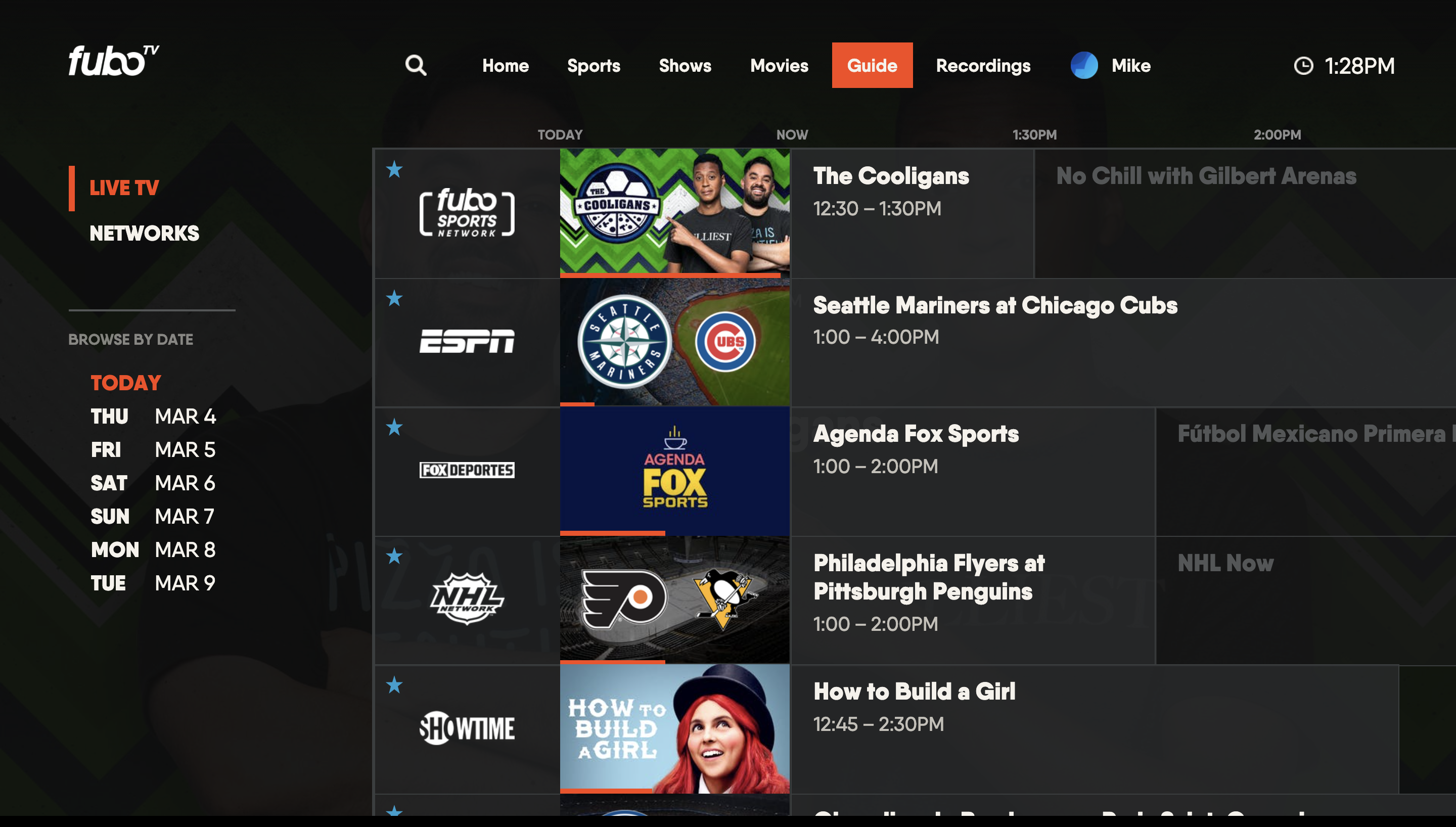 The GUIDE screen of the FuboTV app on a Samsung TV