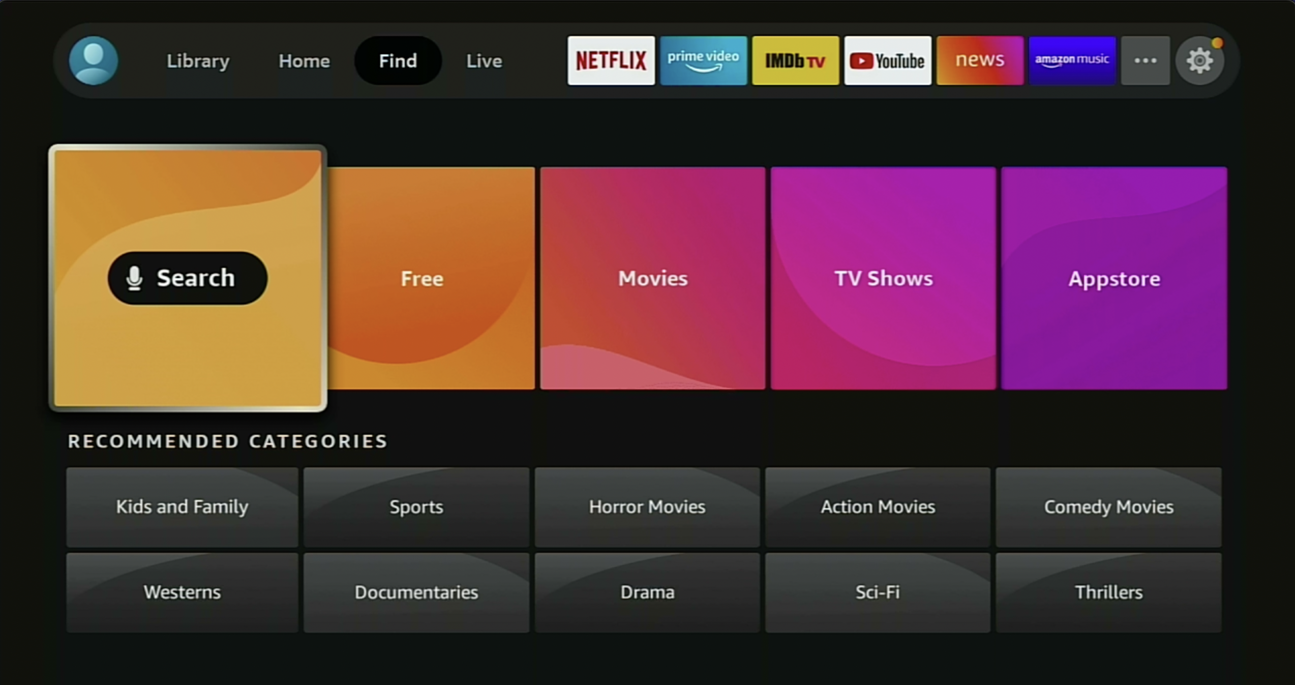 Home screen of an Amazon Fire TV devices with SEARCH highlighted