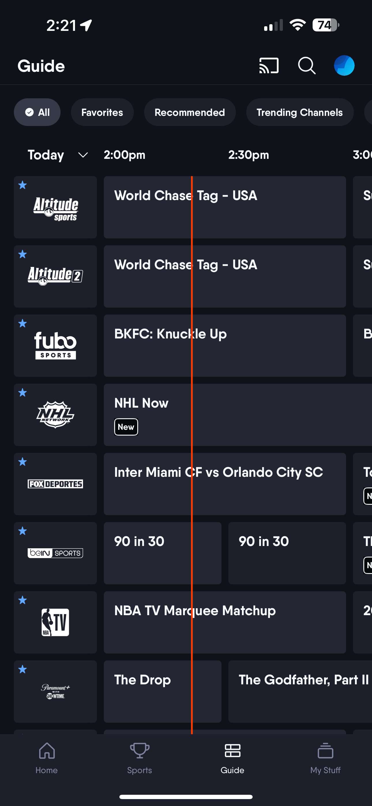 Main guide screen of the FuboTV app on iOS