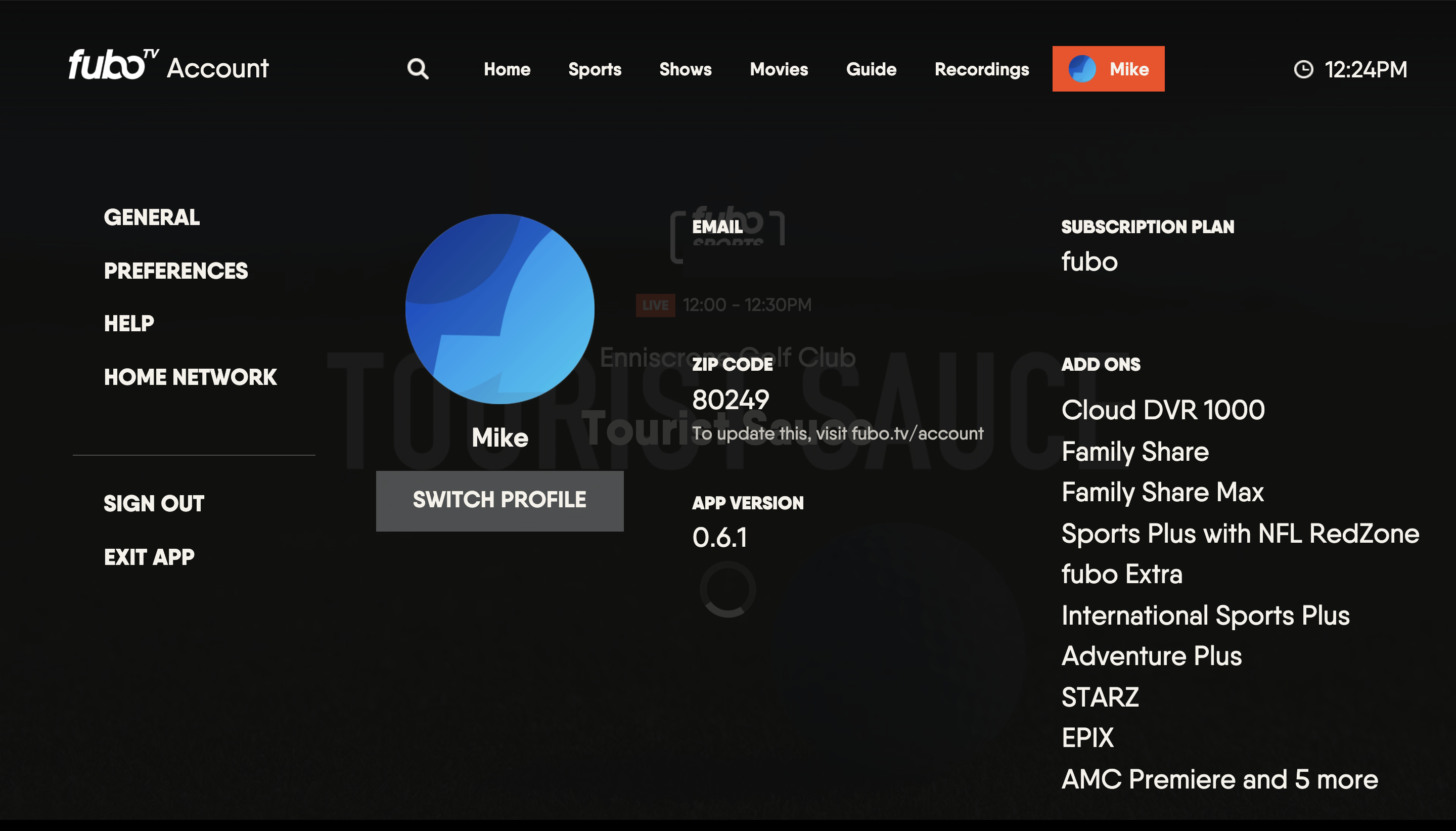 ACCOUNT screen for the FuboTV app on Xbox; accessible by selecting the PROFILE icon