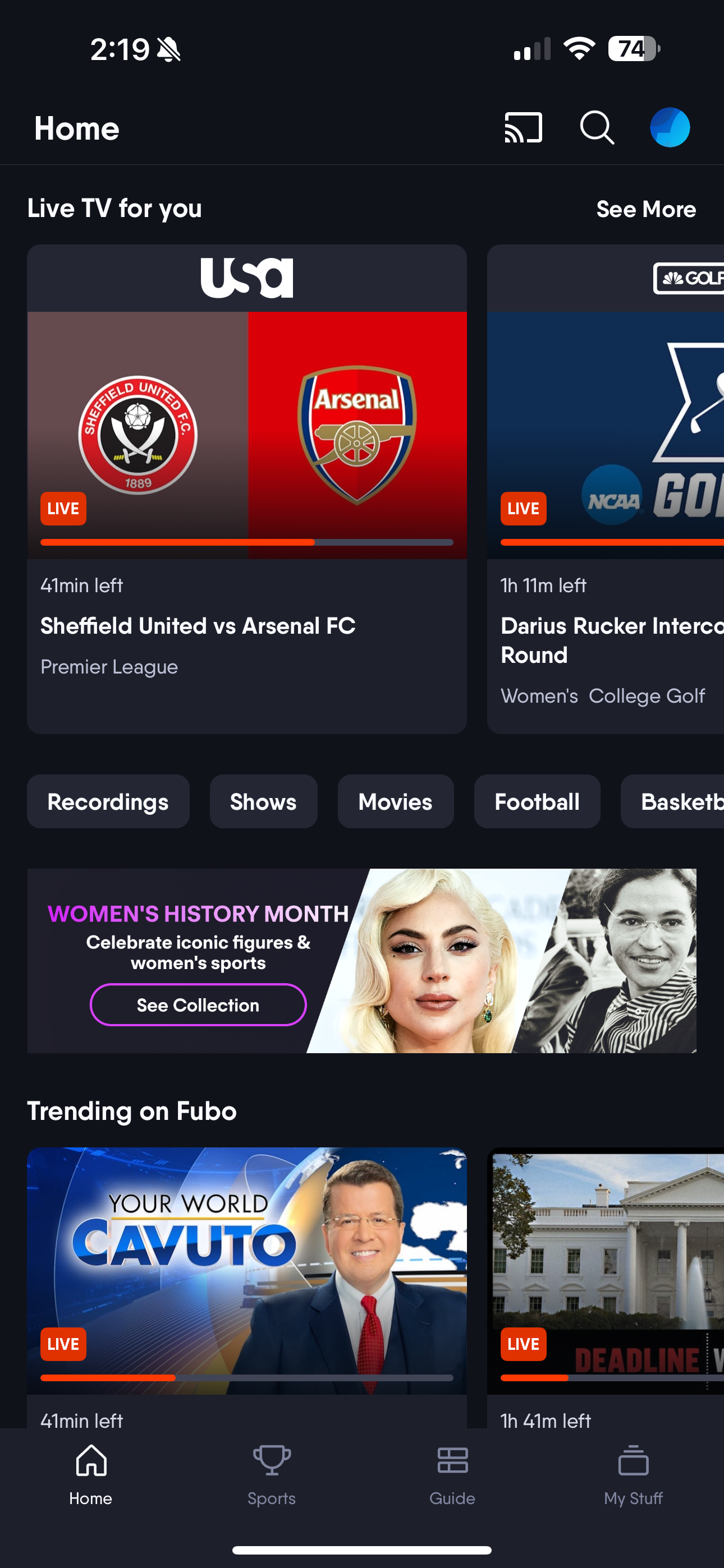 The HOME screen of the FuboTV app on an iOS device