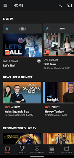 HOME screen of the FuboTV app on Android mobile