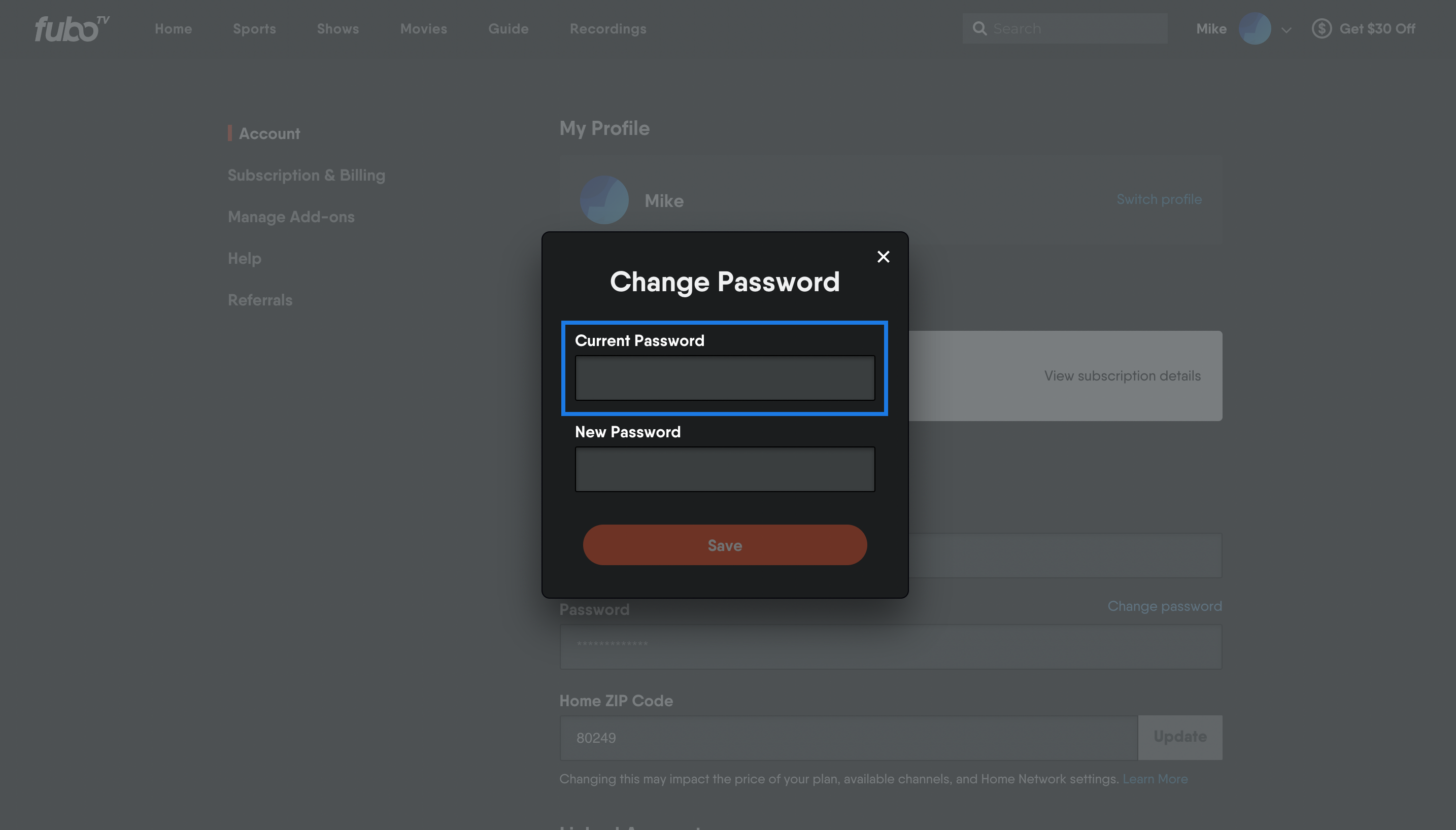 FuboTV CHANGE PASSWORD pop-up with CURRENT PASSWORD window highlighted