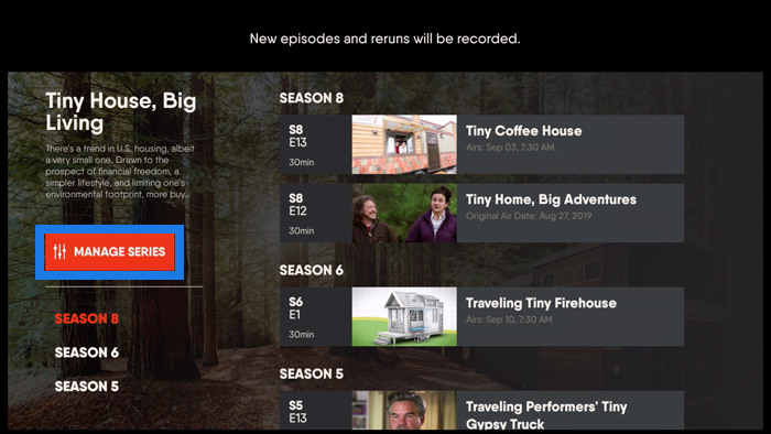 Series details page of the FuboTV app on Amazon Fire TV with MANAGE SERIES button highlighted