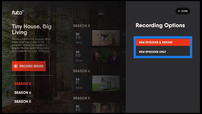 Recording options of the FuboTV app on Amazon Fire TV with NEW EPISODES & RERUNS highlighted; can also choose NEW EPISODES ONLY