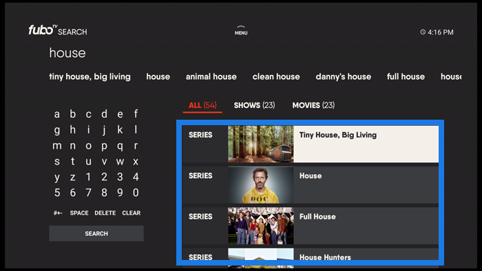 Search screen of the FuboTV app on Amazon Fire TV with search results highlighted on right