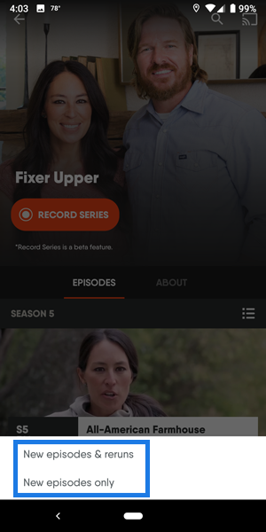Series details page of the FuboTV app on Android Mobile with recording options highlighted