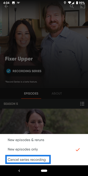 Series details page of the FuboTV app on Android Mobile with CANCEL SERIES RECORDING button highlighted