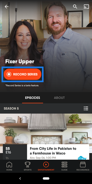 Series details page of the FuboTV app on Android mobile with RECORD SERIES button highlighted