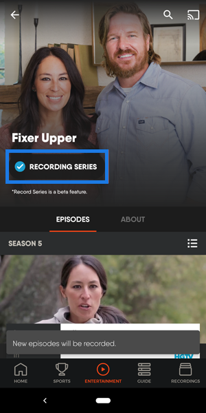 Series details page of the FuboTV app on Android Mobile with RECORDING SERIES highlighted
