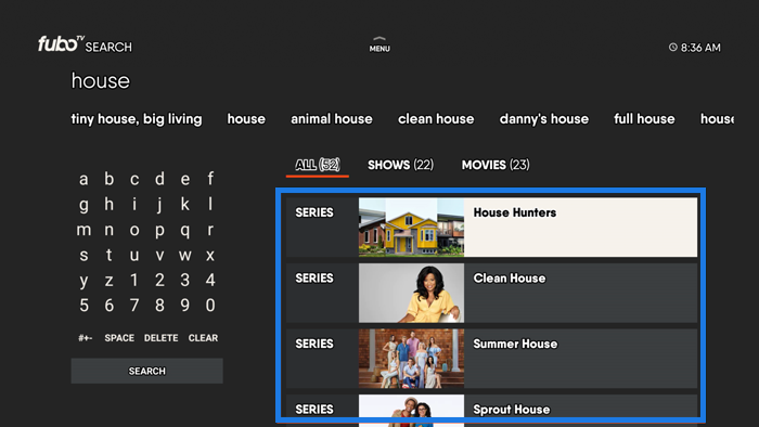 Search screen of the FuboTV app on Android TV with results highlighted