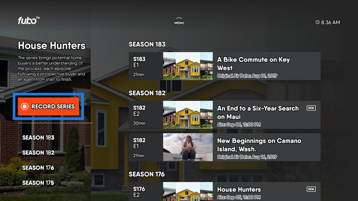 Series details page of the FuboTV app on Android TV with RECORD SERIES button highlighted