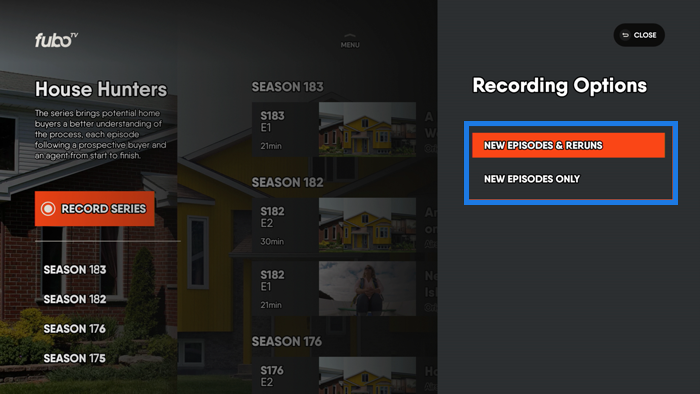 Series details page of the FuboTV app on Android TV with recording options highlighted
