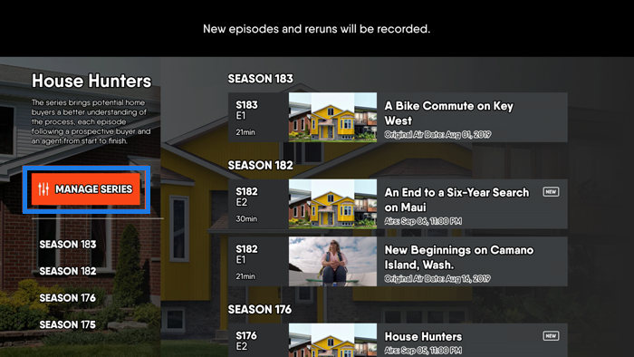 Series details page of the FuboTV app on Android TV with MANAGE SERIES button highlighted