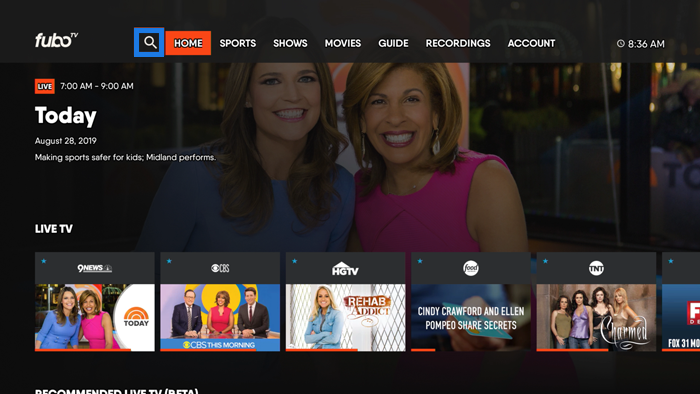 Home screen of the FuboTV app on Android TV with the search icon highlighted at the top
