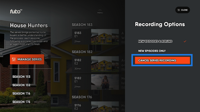 Series details page of the FuboTV app on Android TV with CANCEL SERIES RECORDINGS highlighted