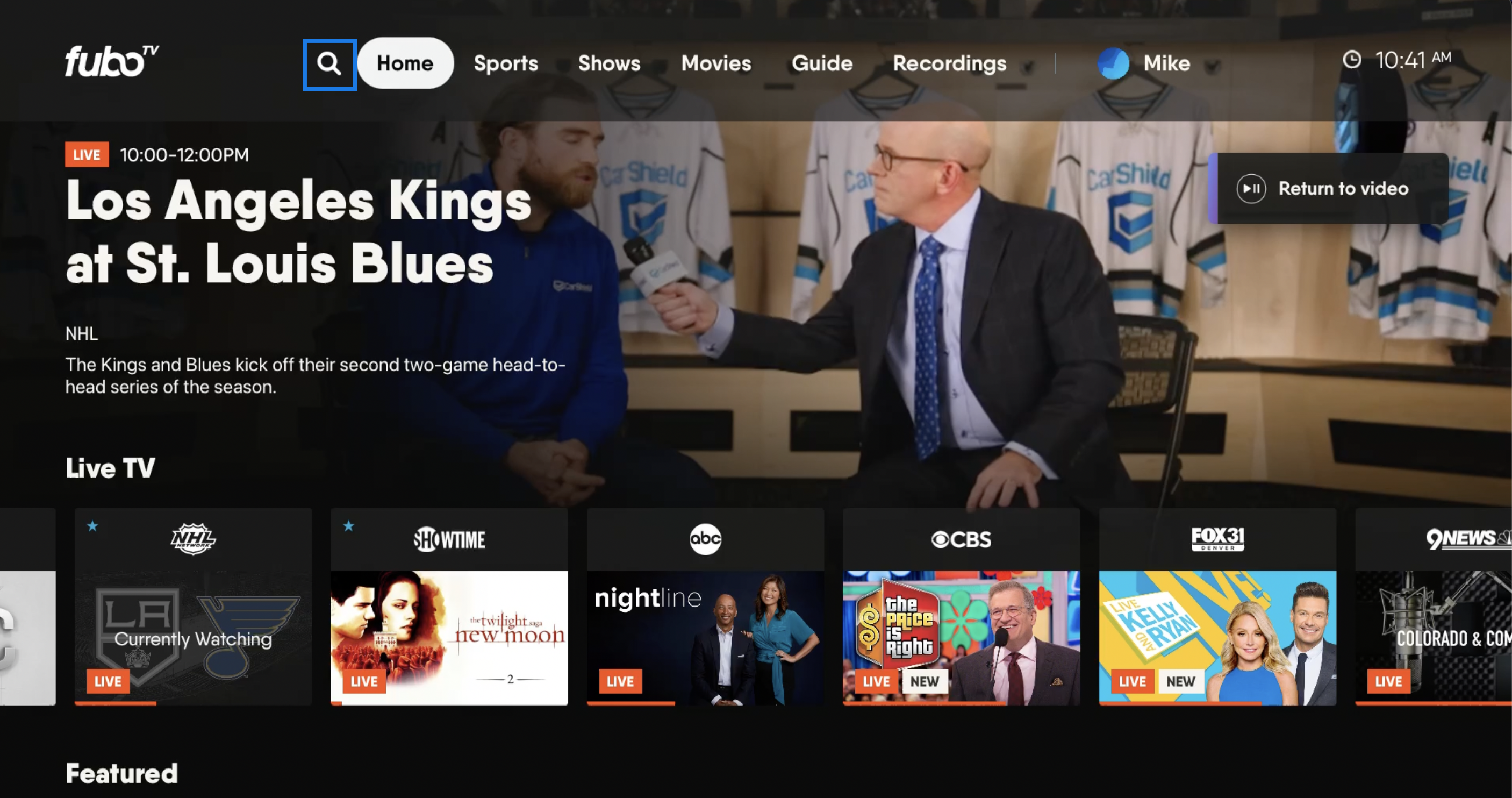 Home screen of the FuboTV app on Apple TV with search icon highlighted at top