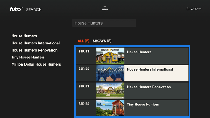 Search screen of the FuboTV app on Apple TV with search results highlighted