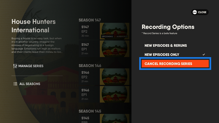 Series details page of the FuboTV app on Apple TV with CANCEL SERIES RECORDINGS button highlighted