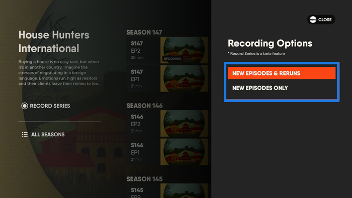 Series details page of the FuboTV app on Apple TV with recording options highlighted