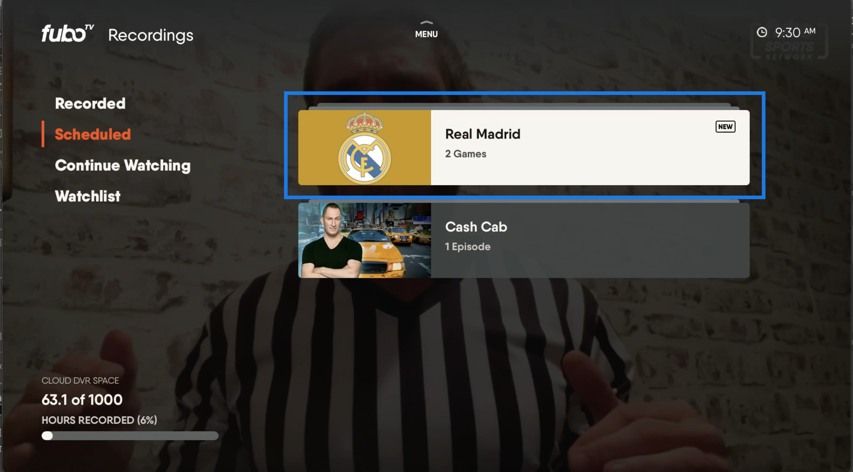 SCHEDULED recordings on the MY STUFF page for the FuboTV app on Apple TV with the folder for upcoming Real Madrid recordings highlighted