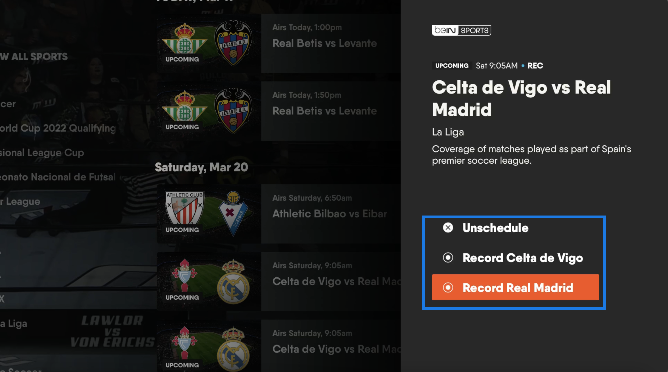 Program information screen for an upcoming soccer match on the FuboTV app for Apple TV with the option to RECORD REAL MADRID highlighted; will record all available Real Madrid matches