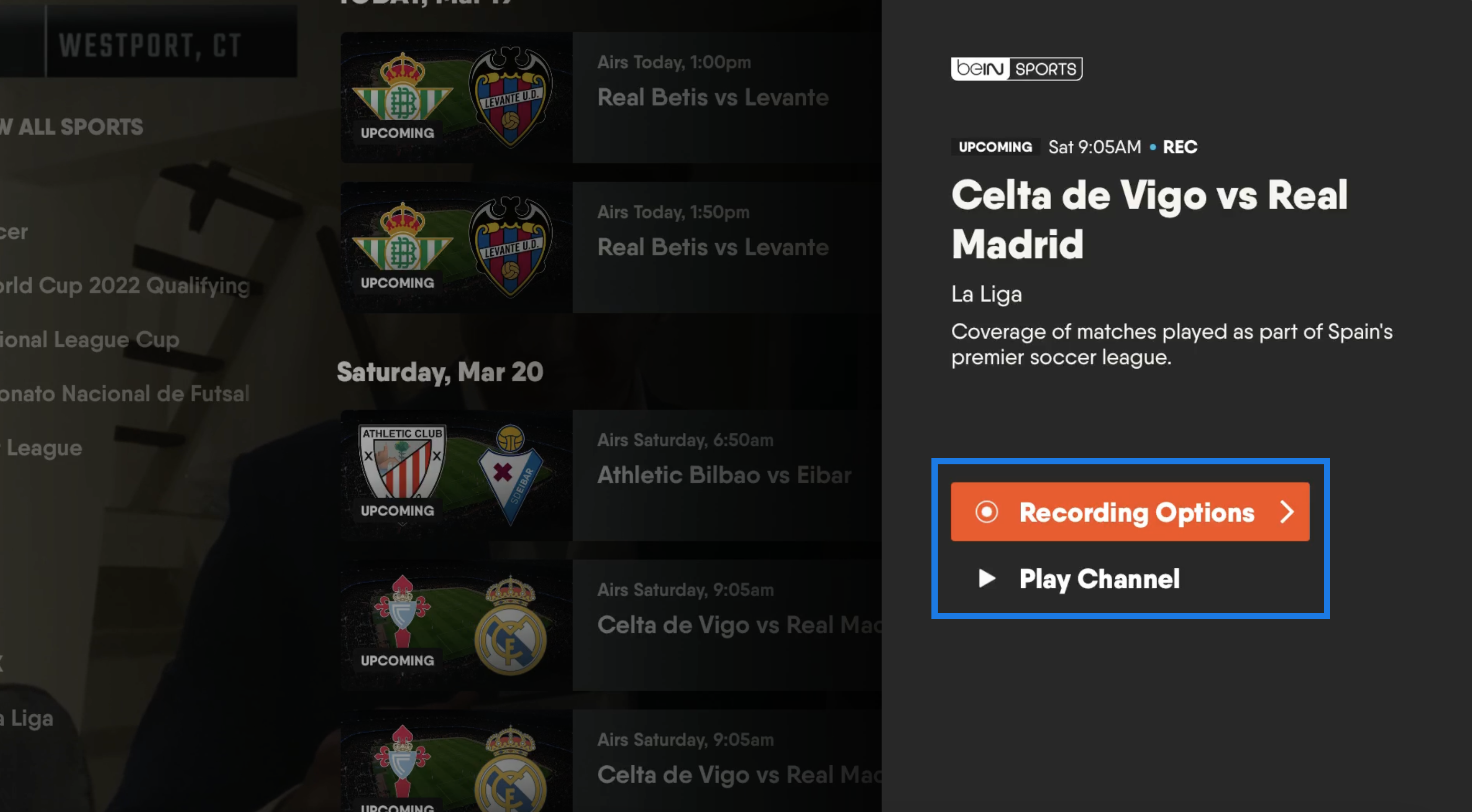 Program information screen for an upcoming soccer match on the FuboTV app for Apple TV with RECORDING OPTIONS highlighted