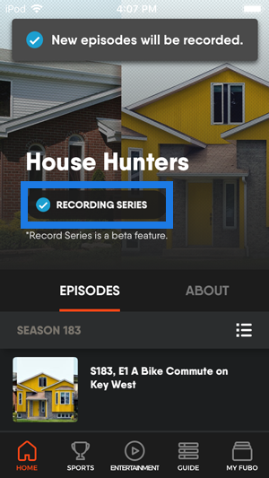 Series details screen of the FuboTV app on iOS with RECORDING SERIES button highlighted