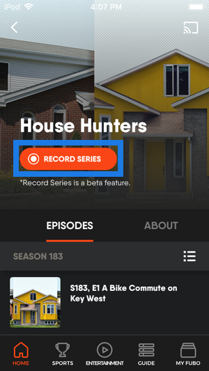 Series details page of the FuboTV app on iOS with RECORD SERIES button highlighted
